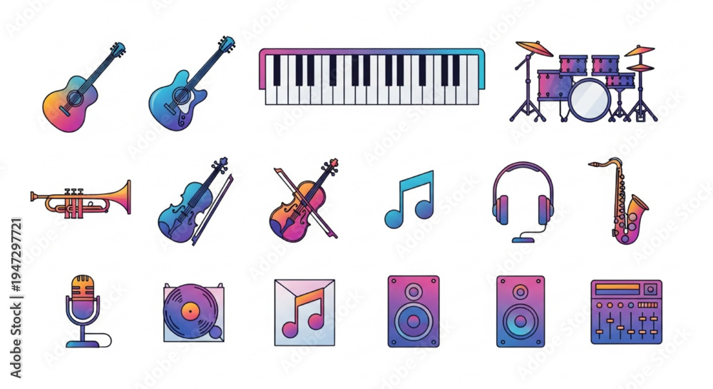 Fototapeta premium Collection of colorful musical instruments and audio equipment icons