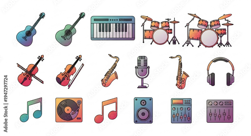 Fototapeta premium Assortment of vibrant musical instruments and sound equipment icons