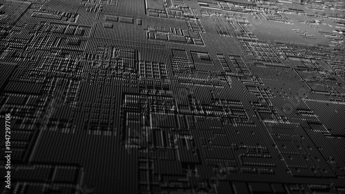 A technological vector background of thousands of glowing dots forms a complex circuit and electronic components reminiscent of a microchip or electronic circuit board.