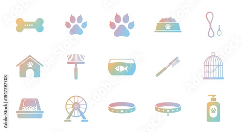 Pet care icons: bone, paw print, food bowl, leash, bird cage, fish bowl, collar, toys.