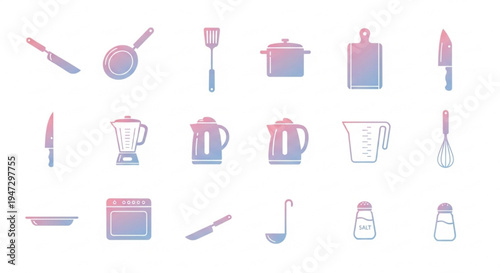 Kitchen utensil and appliance icons in a gradient color scheme.