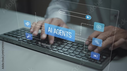 Digital AI agents system concept. Person typing keyboard with smart assistant and automation icons, autonomous software agents, intelligent computing and business technology solutions.