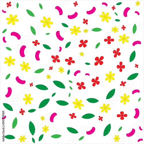 A vibrant seamless pattern featuring scattered yellow flowers red blossoms and green leaves design