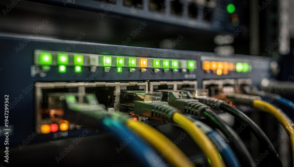 Naklejka premium Clear focus on blinking status lights of a core network switch demonstrating realtime IP broadcast routing activity while the surrounding rack equipment remains softly blurred.