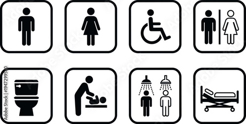 Restroom and toilet facility icons set, men women wheelchair accessibility shower baby changing hospital bed and wc symbols for public bathroom signage isolated on transparent background