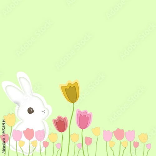 Cute Easter Bunny and Tulips Spring Square Vector Illustration