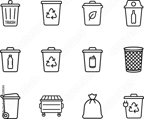Trash and recycling bin icons set, garbage waste containers with bottle glass metal can organic eco symbols, sanitation litter disposal and recycling sorting signs isolated on transparent background