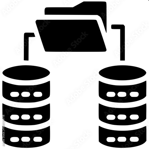 Simple vector line icon showing stacked database disks in three columns with an upward trending arrow above them, bold black outline, minimal design, flat monochrome, isolated on white background.
