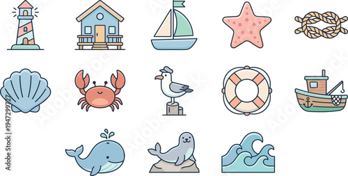 Cute nautical sea icons set with lighthouse sailboat fishing boat starfish rope shell crab seagull lifebuoy whale seal and ocean wave illustrations on transparent background
