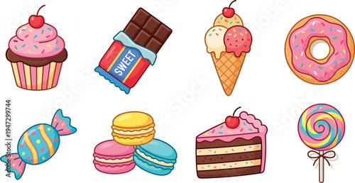 Sweet dessert icons set with cupcake chocolate bar ice cream donut candy macarons cake slice and lollipop, colorful confectionery bakery food illustration collection on transparent background