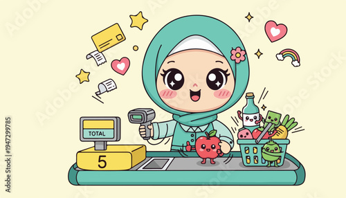 Cartoon illustration of a cheerful woman wearing a hijab standing behind a cash register with various items on the counter, conveying a joyful and festive mood with bright colors.