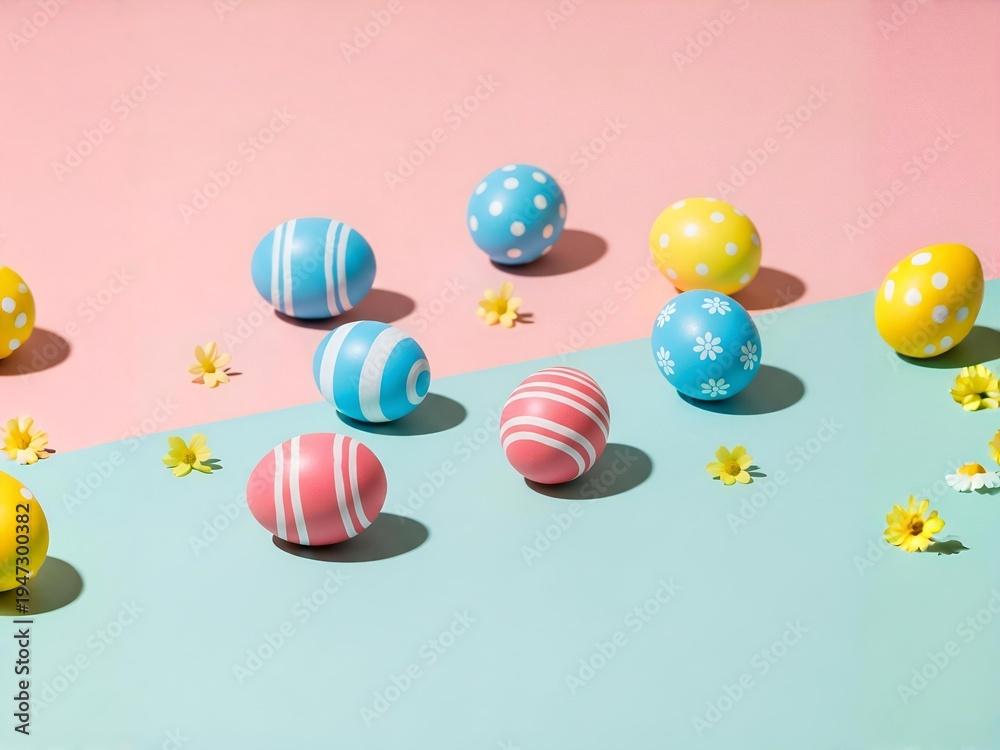 Obraz premium Colorful Patterned Easter Eggs on Pastel Dual-Tone Background