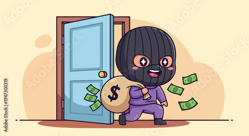 Cartoon burglar in purple outfit holding money bag and bills in front of open blue door with brown frame on beige background.