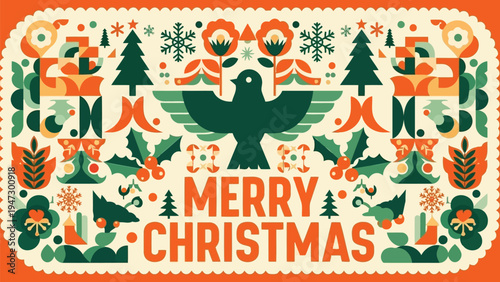 Vibrant holiday card featuring a dove and festive christmas decorations Vector