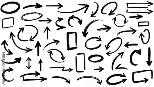 Assorted abstract arrows and circular shapes in monochromatic line art style Vector