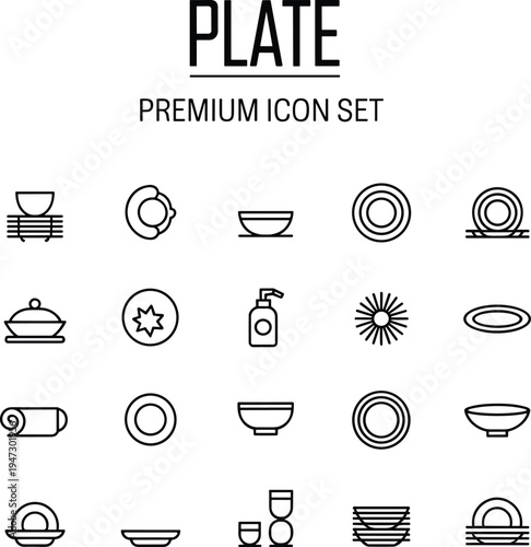 Plate kitchen line icons set, dishware collection vector, restaurant tableware symbols, bowl plate utensil outline icons, kitchen equipment illustration