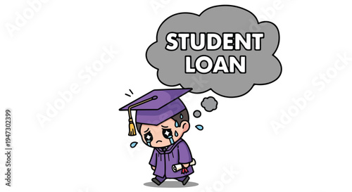 Cartoon illustration of a stressed student in a purple graduation cap and gown with a thought bubble saying 'STUDENT LOAN' on a plain white background.