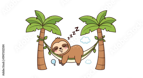 A cartoon sloth sleeps peacefully in a hammock between two palm trees with a serene and relaxing atmosphere.