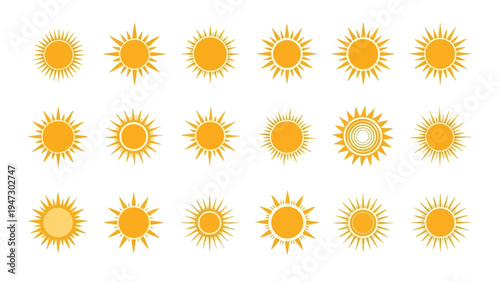 Colorful array of stylized sun icons with varying designs and radiations Vector