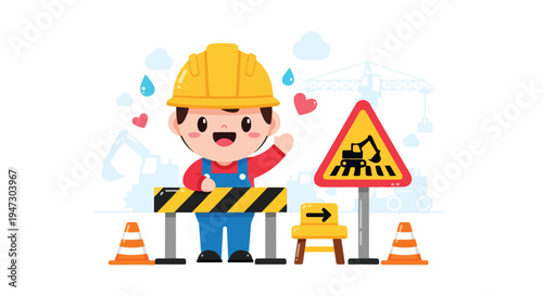 A cartoon construction worker in a yellow hard hat standing behind a roadblock with traffic cones and warning signs on a white background with a playful mood.