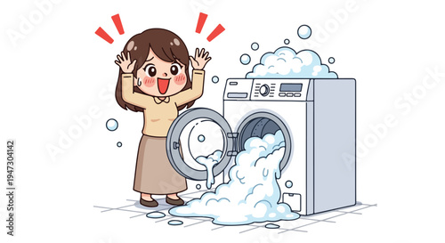 Cartoon woman reacting to a washing machine overflowing with soap suds and water on a plain white background.