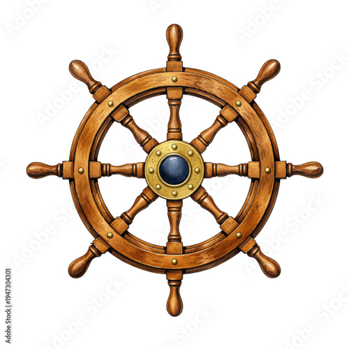 A watercolor illustration of a wooden ship steering wheel for nautical designs, maritime themes, sailing decor, and ocean adventure illustrations.
