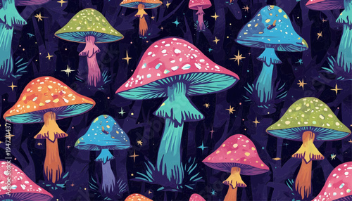 Seamless vector wallpaper pattern of magical glowing mushrooms with curved stems and spotted caps