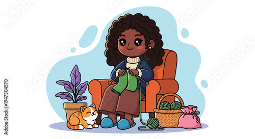 A cartoon woman sits on an orange armchair with a cat, knitting, surrounded by a plant and bag, with a light blue background.