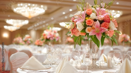 Banquet tables set with flowers and dining arrangements for guests