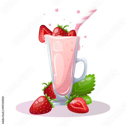 Vector image of a strawberry milkshake with fresh berries