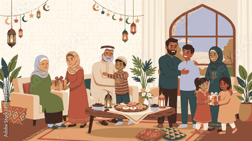 Extended family celebrating in a warm bright indoor setting with decorative lanterns and plants during a festive occasion