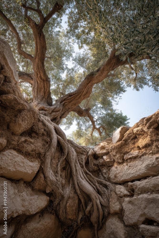 Obraz premium olive tree roots anchoring limestone terrace and sky