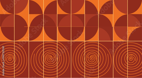 Vintage floral seamless pattern with abstract geometric swirls and pink circles creates a retro artistic wallpaper design for textile decoration and paper texture backdrops