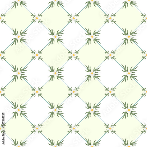 Seamless vector pattern with white daisy flowers on pistachio background with white and light green diamond shapes. Spring floral repeat for textile and decor.