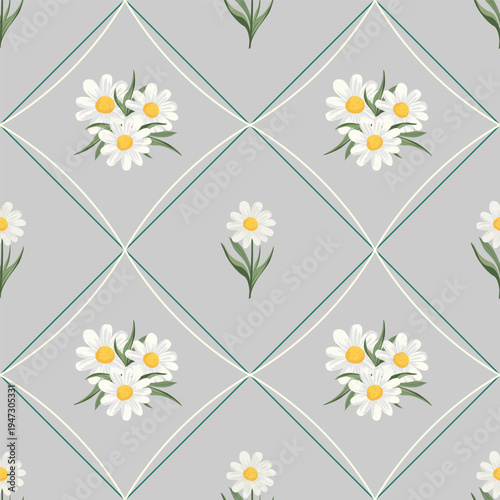 Seamless vector pattern with white daisy flowers and diamond shapes on gray background. Spring floral geometric repeat design for textile and decor.