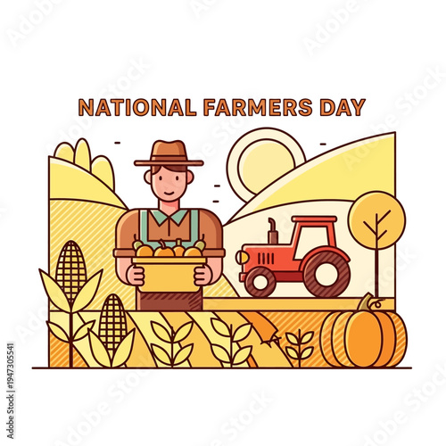 A cheerful farmer holding a basket of harvested produce in a field with a red tractor, corn, and pumpkins under a sunny sky, celebrating National Farmers Day.