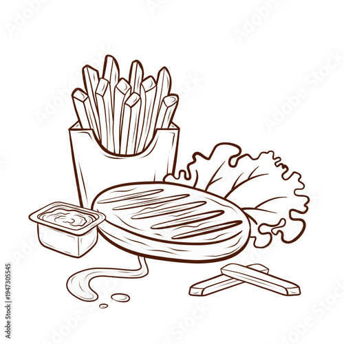 French fries, patty, sauce, and salad.Vector fast food illustration in engraving style. A set of elements for menu design, packaging, branding, posters and cafe marketing materials.
