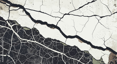 Cracked surface, broken texture, black and white background, grunge design element, abstract pattern