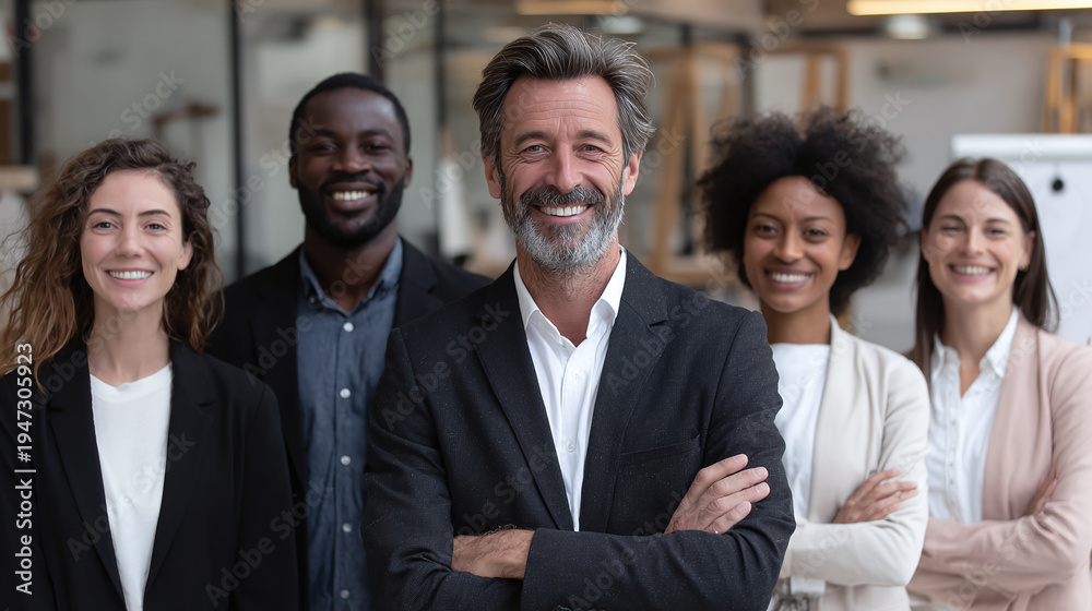 Fototapeta premium successful office team of diverse professionals posing in formal business attire in contemporary workplace setting showing leadership teamwork corporate culture and career success
