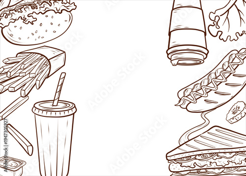 A black and white fast food frame including a burger, sandwich, hot dog, fries, takeaway coffee, and soda. Engraving hand-drawn vector illustration for menus, packaging, posters, flyers, branding