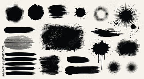 Collection of black ink splashes and grunge paint stains as vector art design elements with watercolor brush texture and splatter shapes