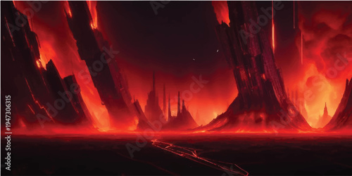 Abstract fiery inferno of orange and red flames burning with intense heat against a black night sky background