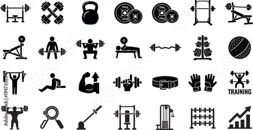 Gym fitness and bodybuilding silhouette icons set with barbell dumbbell kettlebell weight plates bench rack machines athlete training belt and gloves isolated on transparent background