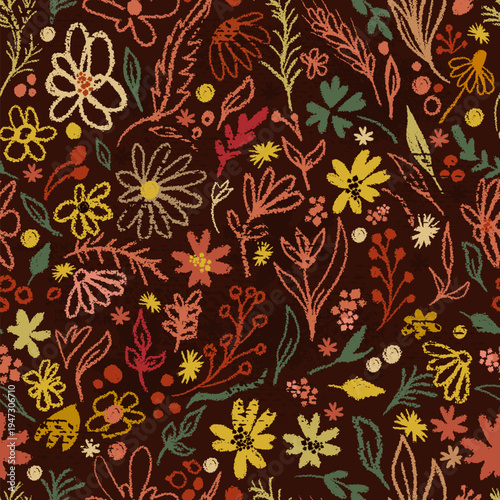 Seamless dark background autumn flowers. hand drawing. Not AI, Vector illustration