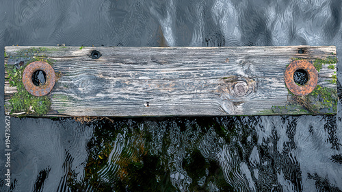 An old weathered wooden plank with rusty metal s floats on the surface of dark, rippling water, showing textures of age, decay, and the reflection of light below.