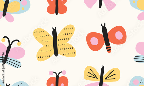 Simple flat doodle butterfly seampless pattern. Modern funny shapes, abstract trendy insects. Endless pattern, spring or summer, stylized butterflies, moths of delicate and bright colors, Sale, print.