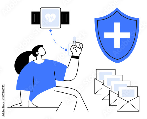 Digital health, telemedicine, data security, fitness tracking, medical alerts, innovation. Woman using wearable fitness tracker, shield envelopes. Digital health and telemedicine