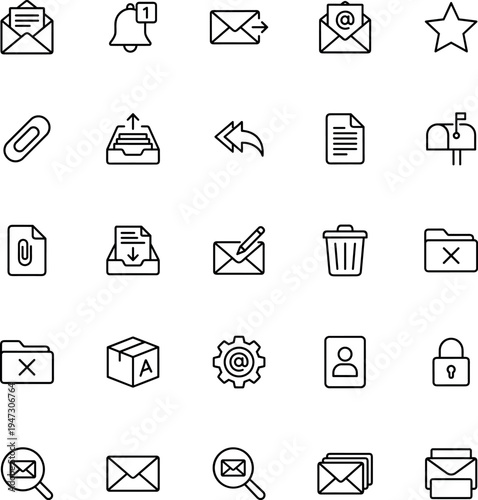 Email and messaging outline icons set with envelope inbox notification attachment paperclip reply forward document folder delete star mailbox and communication interface symbols on transparent backgro