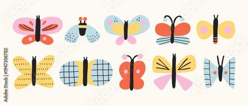 Simple flat doodle butterfly collection. Modern funny shapes, abstract trendy insects. Set of stylized butterflies, moths of delicate and bright colors of different shapes, patterns on white isolated.
