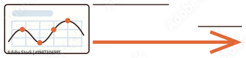 Business growth, analytics, data interpretation, financial reports, workflow optimization, trend analysis. Line chart showing data points with orange arrow. Analytics and data interpretation concept